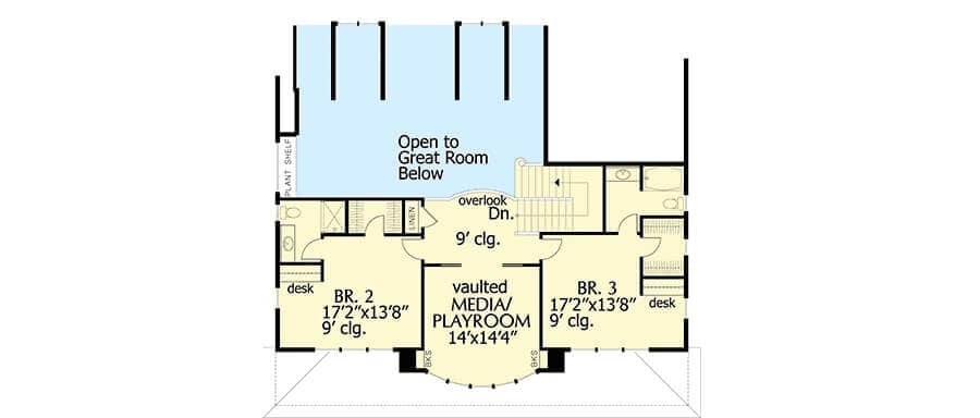 Second level floor plan with two bedrooms and a media/playroom.