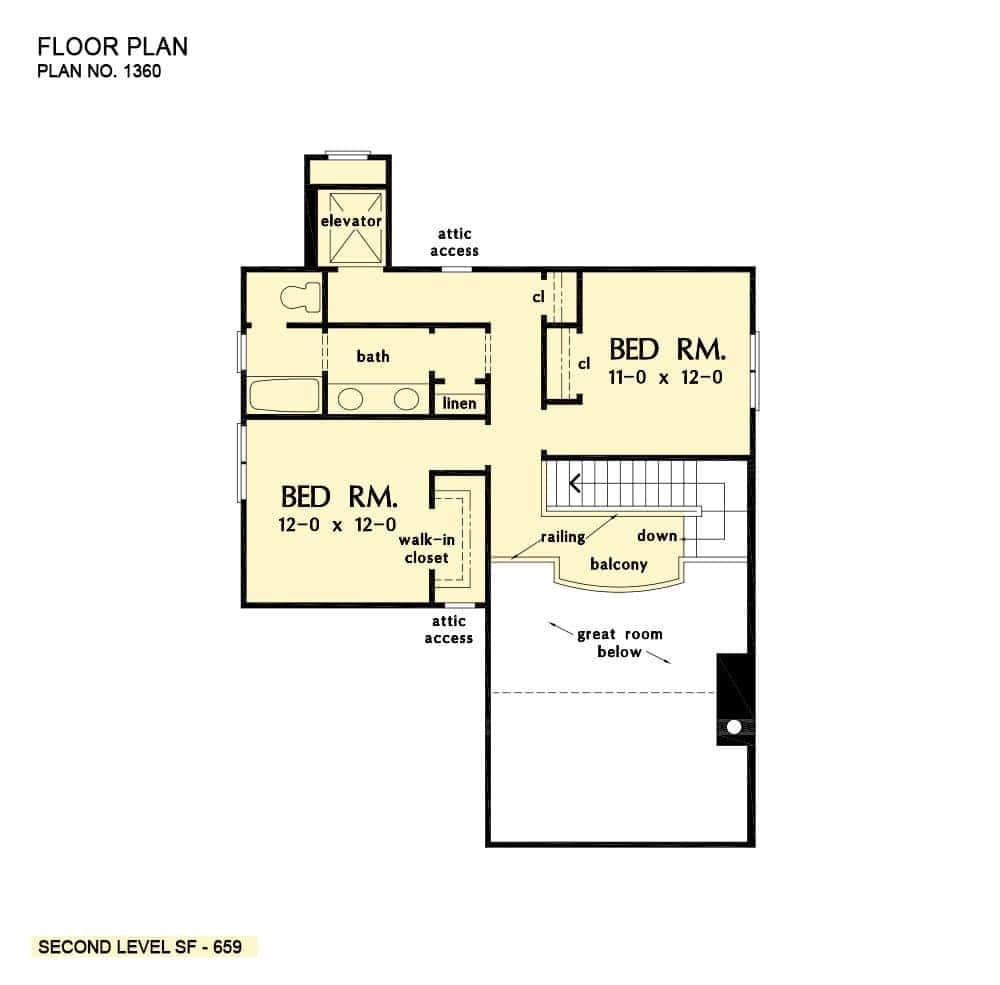 Second level floor plan with two additional bedrooms and a shared bath.