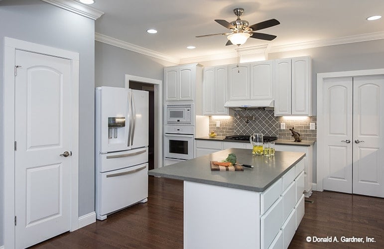 Two-door fridge and double wall oven complete the kitchen.